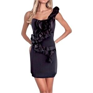 ABS Allen Schwartz Black Cocktail Party Dress Size 4 One Shoulder Ruffle Elegant